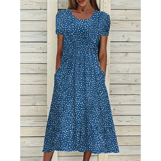 Casual Dress Floral Dress Summer Dress Floral Ditsy Floral Pocket Print Crew Neck Midi Dress Fashion Streetwear Outdoor Daily Short Sleeve Loose Fit Navy Blue Royal Blue Blue Summer Spring S