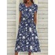 Casual Dress Floral Dress Summer Dress Floral Ditsy Floral Pocket Print Crew Neck Midi Dress Fashion Streetwear Outdoor Daily Short Sleeve Loose Fit Navy Blue Royal Blue Blue Summer Spring S