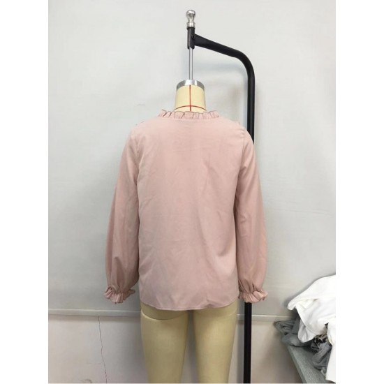 Pure Color Stringy Selvedge Long Sleeve Blouses