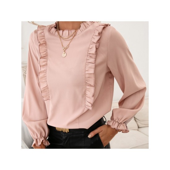 Pure Color Stringy Selvedge Long Sleeve Blouses