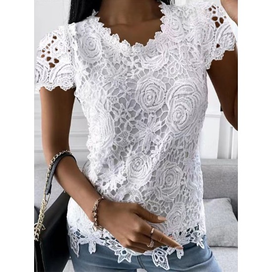 Shirt Blouse Black White Pink Plain Lace Short Sleeve Casual Basic Round Neck Regular S