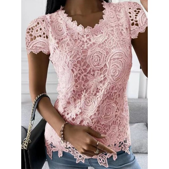 Shirt Blouse Black White Pink Plain Lace Short Sleeve Casual Basic Round Neck Regular S