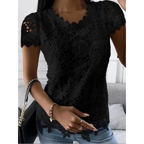 Shirt Blouse Black White Pink Plain Lace Short Sleeve Casual Basic Round Neck Regular S