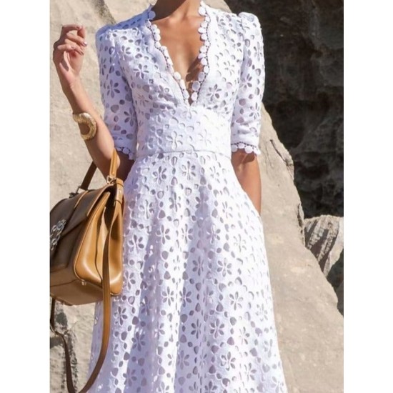 Lace Dress Cutout Eyelet Pure Color Casual Dress Swing Dress Long Dress Maxi Dress White Half Sleeve Fall Spring V Neck Weekend 2023 S M L XL 2XL 3XL