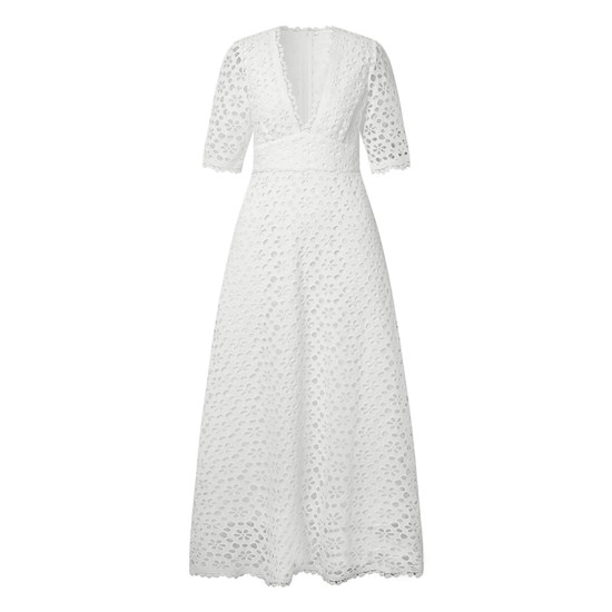 Lace Dress Cutout Eyelet Pure Color Casual Dress Swing Dress Long Dress Maxi Dress White Half Sleeve Fall Spring V Neck Weekend 2023 S M L XL 2XL 3XL