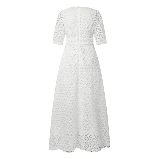 Lace Dress Cutout Eyelet Pure Color Casual Dress Swing Dress Long Dress Maxi Dress White Half Sleeve Fall Spring V Neck Weekend 2023 S M L XL 2XL 3XL