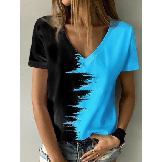 T shirt Tee White Pink Blue Color Block Print Short Sleeve Casual Weekend Basic V Neck Regular Abstract 3D Printed Painting S