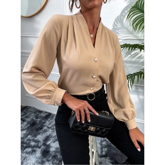 Fall V Neck Ladies Solid Long Sleeve Blouse