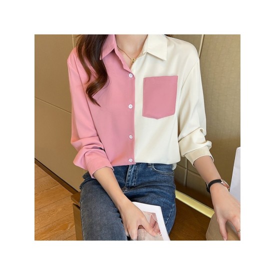 Fashion Casual Contrast Color Pocket Women’s Shirt Top