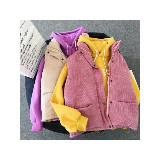 Pure Color Pockets Winter Sleeveless Corduroy Coats