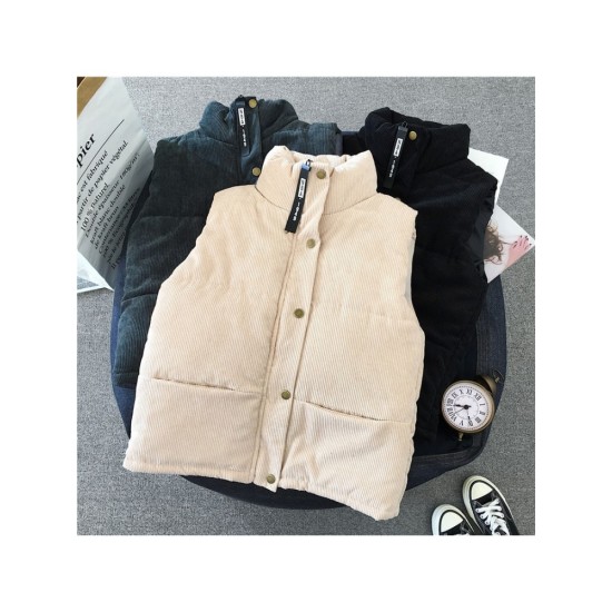 Pure Color Pockets Winter Sleeveless Corduroy Coats