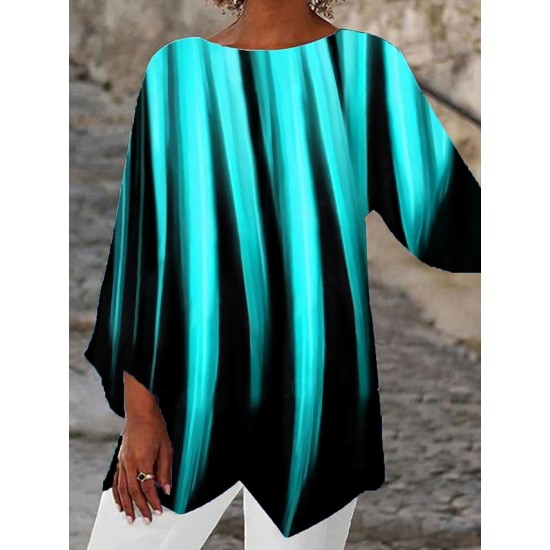 Shirt Blouse Black White Blue Graphic Abstract Asymmetric Print Long Sleeve Casual Basic Round Neck Long S