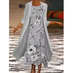 Dress Set Two Piece Dress Chiffon Dress Midi Dress Gray 3/4 Length Sleeve Floral Chiffon Summer Spring Crew Neck Stylish Loose Fit 2023 S M L XL XXL