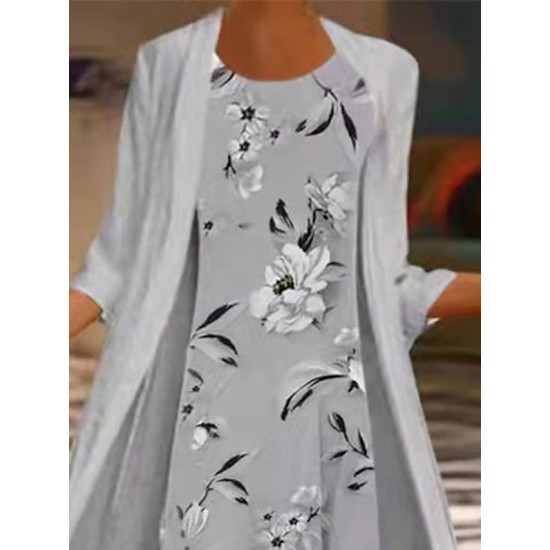 Dress Set Two Piece Dress Chiffon Dress Midi Dress Gray 3/4 Length Sleeve Floral Chiffon Summer Spring Crew Neck Stylish Loose Fit 2023 S M L XL XXL