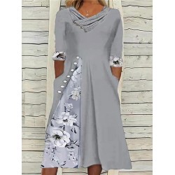 Plus Size Casual Dress Floral V Neck Print 3 4 Length Sleeve Spring Fall Casual Midi Dress Casual Daily Dress