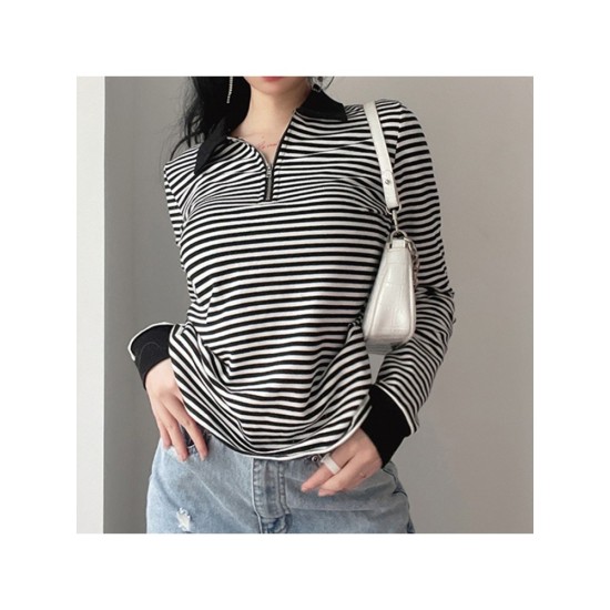 Casual Striped Long Sleeve Zipper Women’s Undershirt