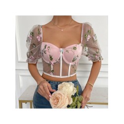 Sexy See-through Flower Embroidered Patchwork Top