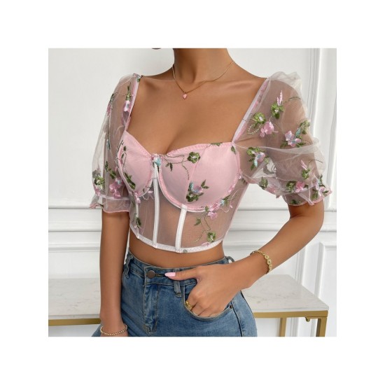 Sexy See-through Flower Embroidered Patchwork Top