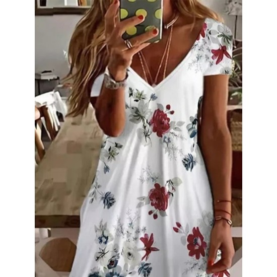 Casual Dress Floral Dress Midi Dress White Short Sleeve Floral Print Spring Summer V Neck Basic Daily Weekend Summer Dress 2023 S M L XL XXL 3XL