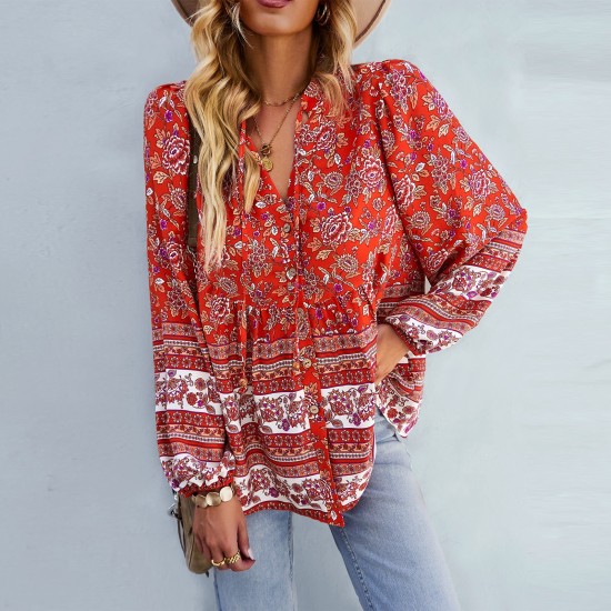 Women’s V Neck Bohemian Long Sleeve Shirt Top