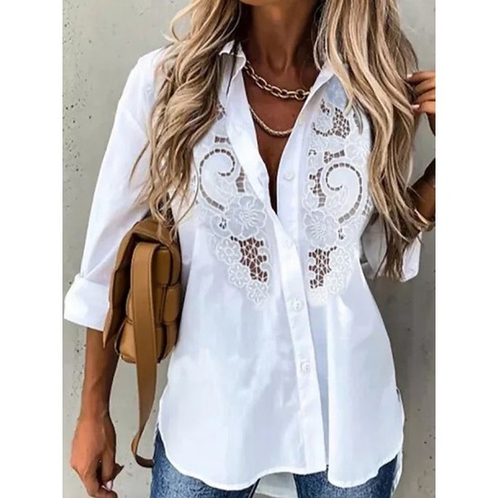 Shirt Blouse White Plain Lace Long Sleeve Casual Weekend Streetwear Shirt Collar Regular S