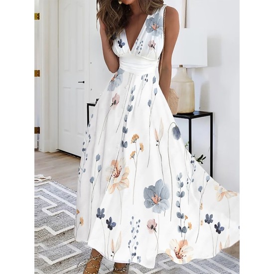 Long Dress Maxi Dress Casual Dress Swing Dress A Line Dress Floral Fashion Streetwear Outdoor Daily Date Print Sleeveless V Neck Dress Regular Fit White Yellow Blue Summer Spring S M L XL XXL