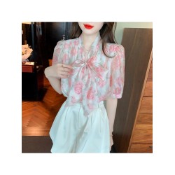 Ladies Pink Flower Tie Neck Puff Sleeve Blouse