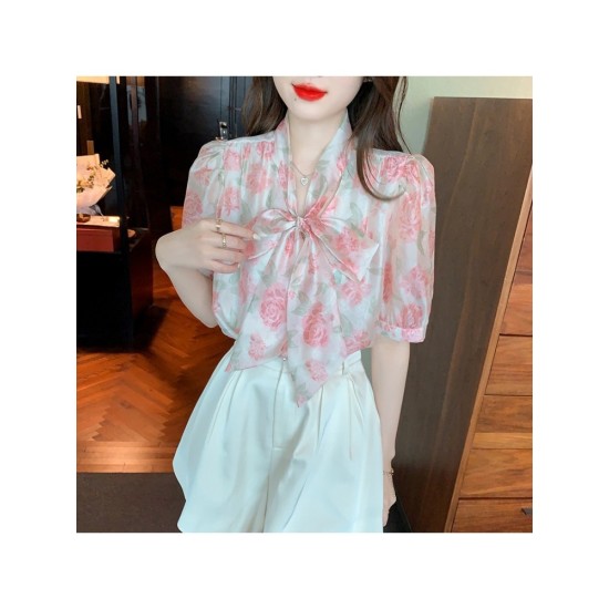 Ladies Pink Flower Tie Neck Puff Sleeve Blouse