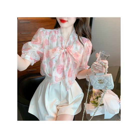 Ladies Pink Flower Tie Neck Puff Sleeve Blouse