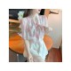 Ladies Pink Flower Tie Neck Puff Sleeve Blouse