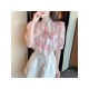 Ladies Pink Flower Tie Neck Puff Sleeve Blouse