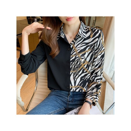 2022 Leopard Patchwork Long Sleeve Blouse