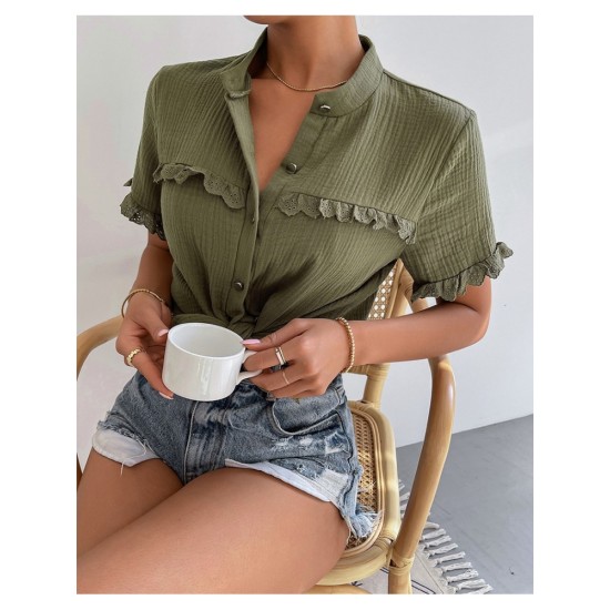 Casual Lacework Pure Color Ladies Blouses