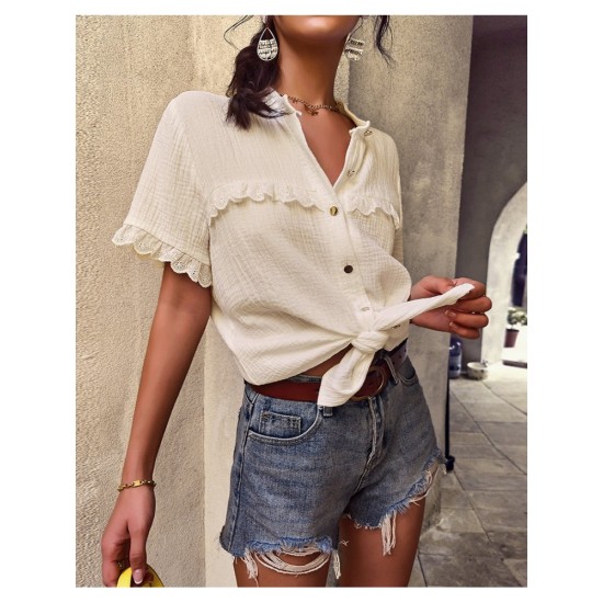 Casual Lacework Pure Color Ladies Blouses