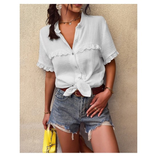 Casual Lacework Pure Color Ladies Blouses