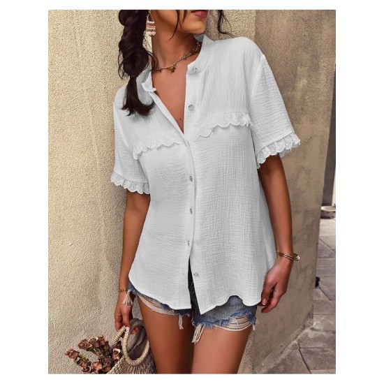 Casual Lacework Pure Color Ladies Blouses