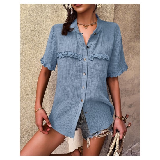 Casual Lacework Pure Color Ladies Blouses