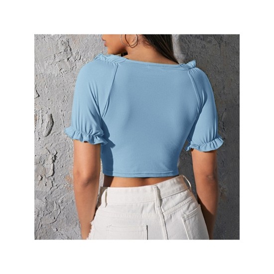 Fashion Pure Color Square Neck Versatile Short Top