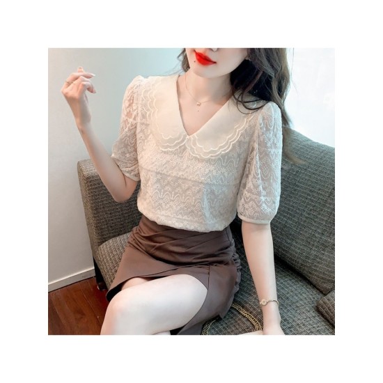 Ladies Solid Doll Collar Puff Sleeve Blouse