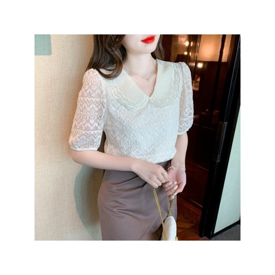 Ladies Solid Doll Collar Puff Sleeve Blouse