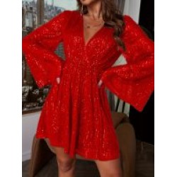 Long Sleeve Elegant Sequin V-Neck Party Dress – Solid Color with Cross Detail, Loose Fit, Non-Sheer, Hand-Washable Polyester, Perfect for Clubbing & Banquets – Mallcopilot fashion women's clothings and shoes outlet factory store