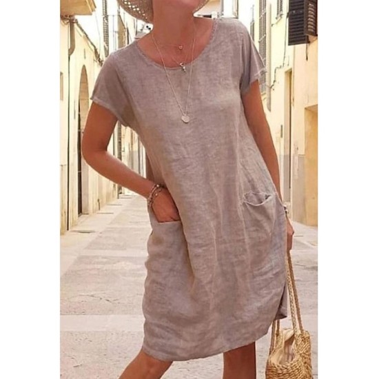 Shift Dress Knee Length Dress Short Sleeve Pure Color Pocket Spring Summer Crew Neck Basic Casual Classic Loose 2023 S M L XL 2XL 3XL 4XL 5XL / Cotton