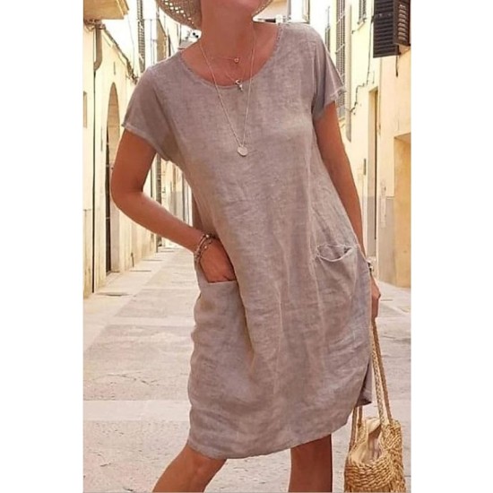 Shift Dress Knee Length Dress Short Sleeve Pure Color Pocket Spring Summer Crew Neck Basic Casual Classic Loose 2023 S M L XL 2XL 3XL 4XL 5XL / Cotton