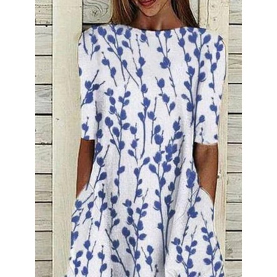 Casual Dress Midi Dress Blue Half Sleeve Print Ruched Spring Summer Crew Neck Casual 2023 S M L XL XXL 3XL