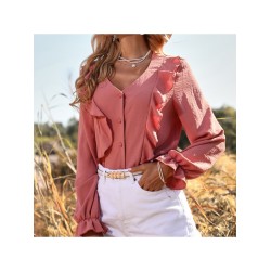 V Neck Puff Sleeve Lose Ladies Blouse