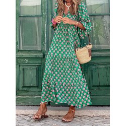 Casual Dress Swing Dress Long Dress Maxi Dress Wine Blue Dark Green 3/4 Length Sleeve Floral Print Summer Spring Fall V Neck Fashion Vacation Fall Dress Summer Dress Regular Fit 2023 S M L XL