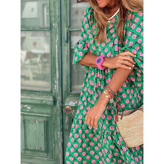 Casual Dress Swing Dress Long Dress Maxi Dress Wine Blue Dark Green 3/4 Length Sleeve Floral Print Summer Spring Fall V Neck Fashion Vacation Fall Dress Summer Dress Regular Fit 2023 S M L XL