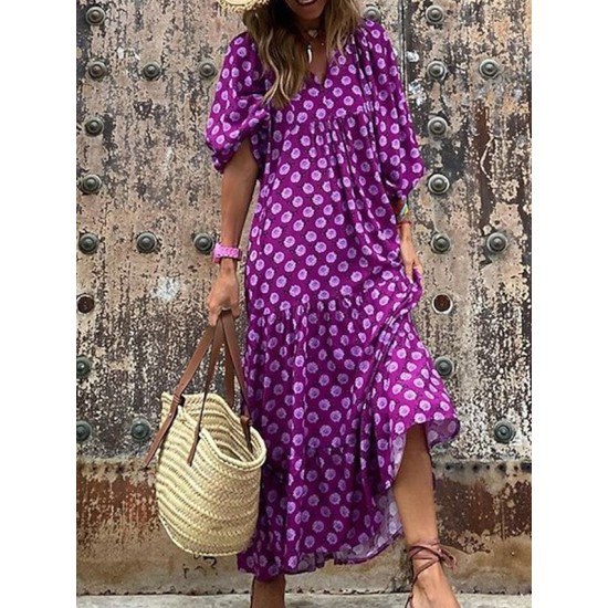 Casual Dress Swing Dress Long Dress Maxi Dress Wine Blue Dark Green 3/4 Length Sleeve Floral Print Summer Spring Fall V Neck Fashion Vacation Fall Dress Summer Dress Regular Fit 2023 S M L XL