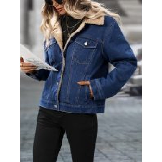 Long Sleeve Thick Button Up Elegant Style Denim Coat for Winter – Women Plush Line Denim Jeans Clothing – Mallcopilot fashion women's clothings and shoes outlet factory store