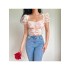 French Puff Sleeve Flower Ruched Chiffon Shirt